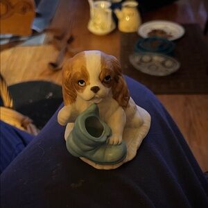 Adorable Puppy Figurine with Blue Shoe candle stick
